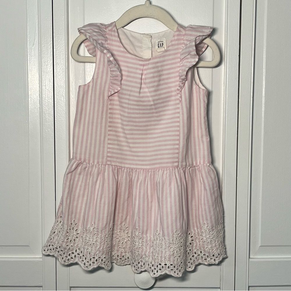 GAP Kids Girls Size 3T Pink White Stripe Eyelet Hem Cotton Ruffle Dress Lined